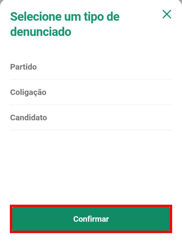 Selecione "Partido", "Coligação", ou "Candidato", e clique em "Confirmar" (Captura de tela: Matheus Bigogno)