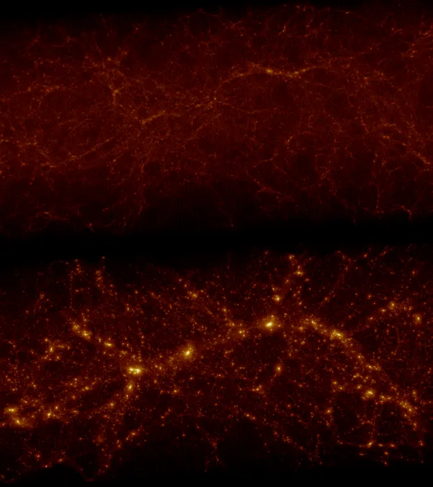 Na parte superior da imagem, vemos a distribuição de matéria correspondente à galáxia como observada; na parte inferior, vemos uma simulação da mesma região após 11 bilhões de anos, ou seja, no momento atual (Imagem: Reprodução/Ata et al.)