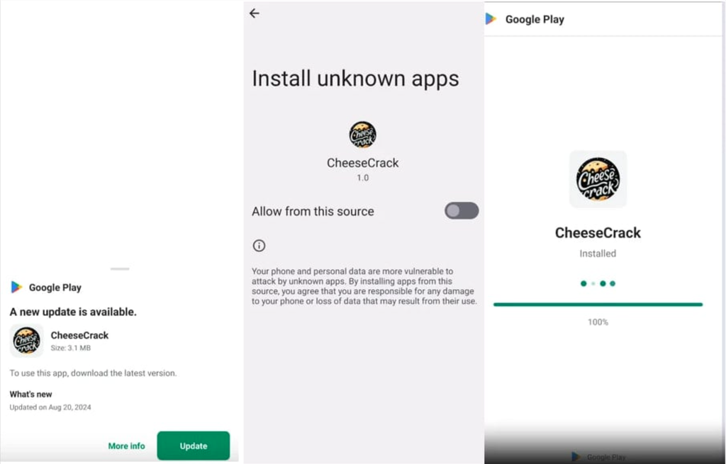 A tela de atualização falsa que leva o spyware ao celular do usuário, imitando a página da Google Play (Imagem: Zimperium)