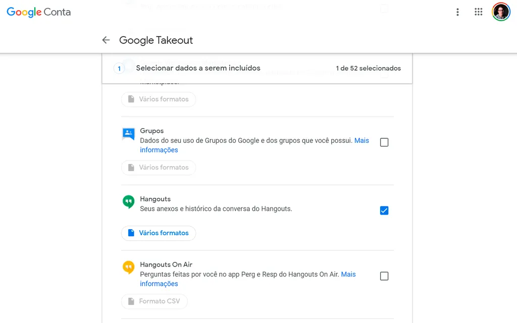 Selecione o Hangouts na lista de serviços do Google Takeout (Captura de tela: André Magalhães)