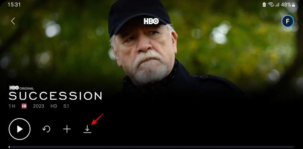 Para baixar filmes e séries no HBO Max para Android, basta tocar no ícone de setinha (Imagem: Captura de tela/Fabrício Calixto/Canaltech)