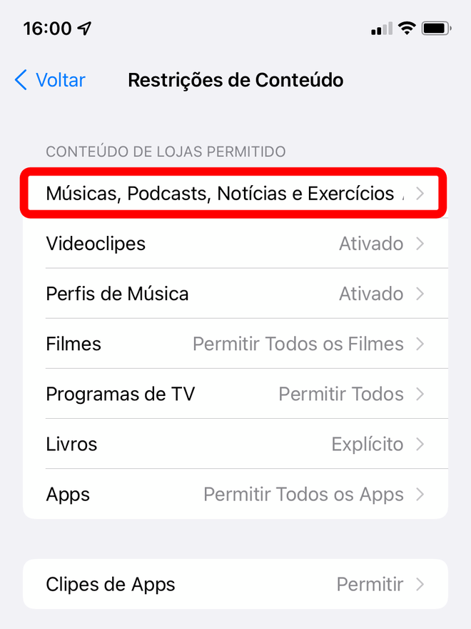 Nas restrições de conteúdo, acesse o menu indicado acima para desbloquear as músicas consideradas "explícitas" - Captura de tela: Thiago Furquim (Canaltech)