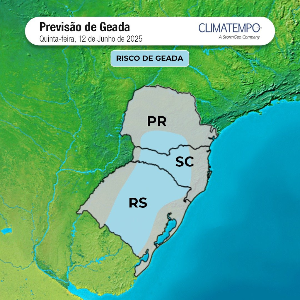 Previsão de geada nos estados do Sul do Brasil, destacadas em azul (Imagem: Climatempo/Divulgação)