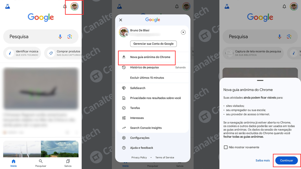 Como abrir uma guia anônima do Chrome pelo app do Google para Android (Imagem: Captura de tela/Bruno De Blasi/Canaltech)