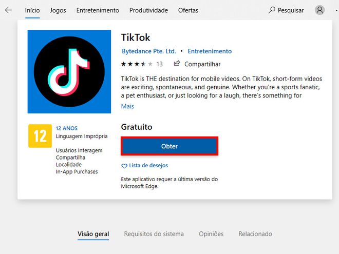 Acesse a "Microsoft Store", procure e baixe o TikTok (Captura de tela: Matheus Bigogno)