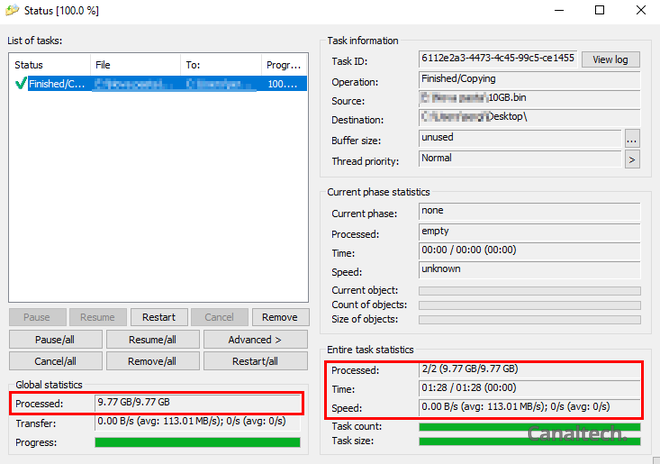 Teste de transferência de um arquivo grande, de 10 GB, usando o CopyHandler, mostra a taxa de transferência máxima de leitura do WD Black P10: 113 MB/s (Captura de tela: Sergio Oliveira)