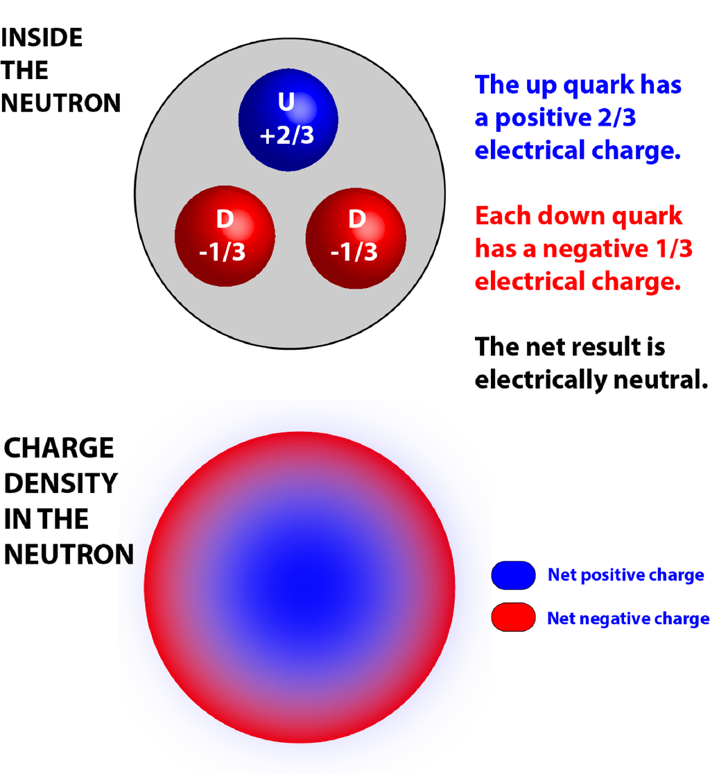 Cada nêutron é composto de três quarks, cuja soma da carga elétrica é zero, o que torna o nêutron eletricamente neutro. Mas as cargas positivas são mais encontradas no centro do nêutron, enquanto as negativas ficam nas bordas (Imagem: Reprodução/NIST)