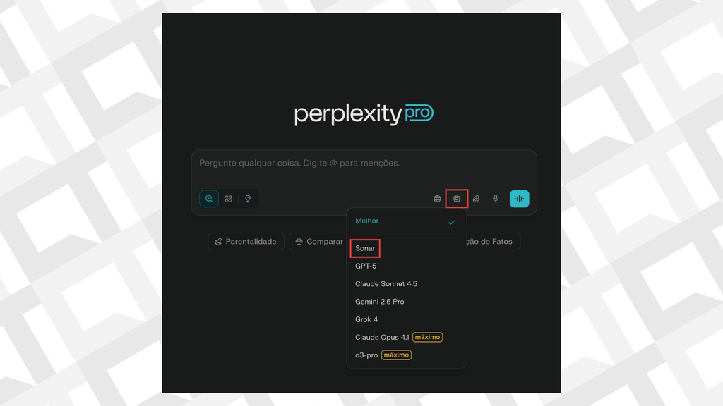 Passos para selecionar o modelo do Perplexity