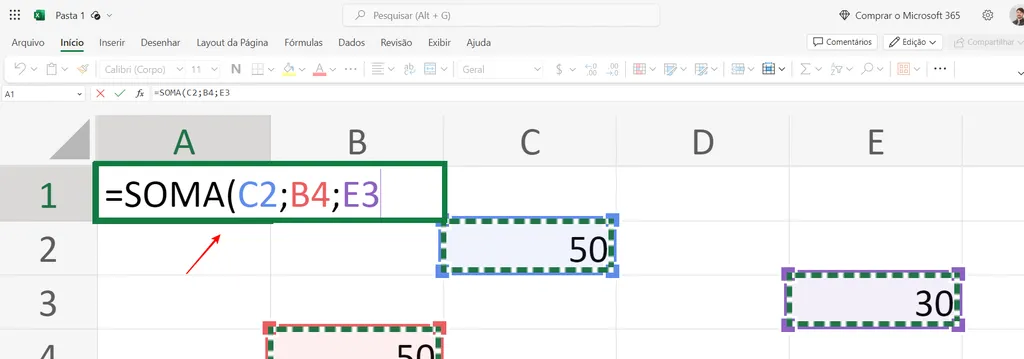 Você pode fazer contas de adição usando a função SOMA no Excel (Imagem: Captura de tela/Fabrício Calixto/Canaltech)