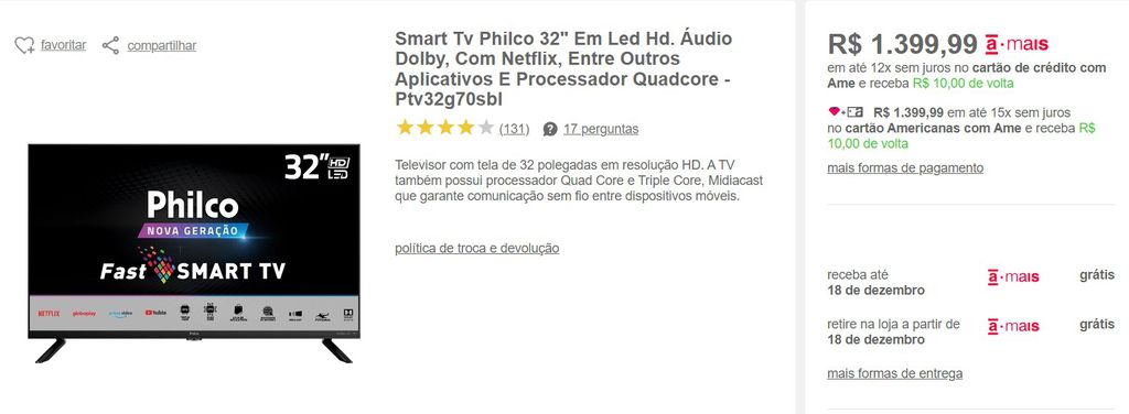 Smart Tv Philco 32" Em Led Hd. Áudio Dolby, Com Netflix, Entre Outros ...