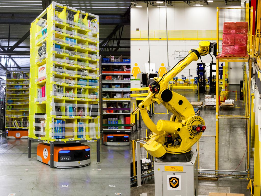 Sistemas robóticos em um armazém da Amazon: eles teriam aumentado a pressão sobre os funcionários da empresa (Fotos: Divulgação / Amazon)