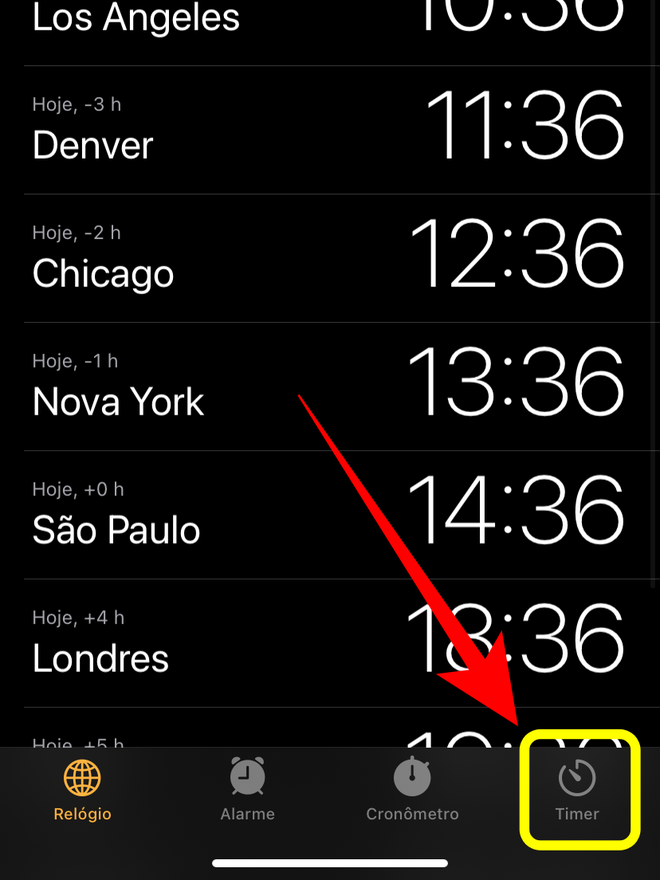 No app Relógio do iOS, clique na aba do timer. Captura de tela: Lucas Wetten (Canaltech)