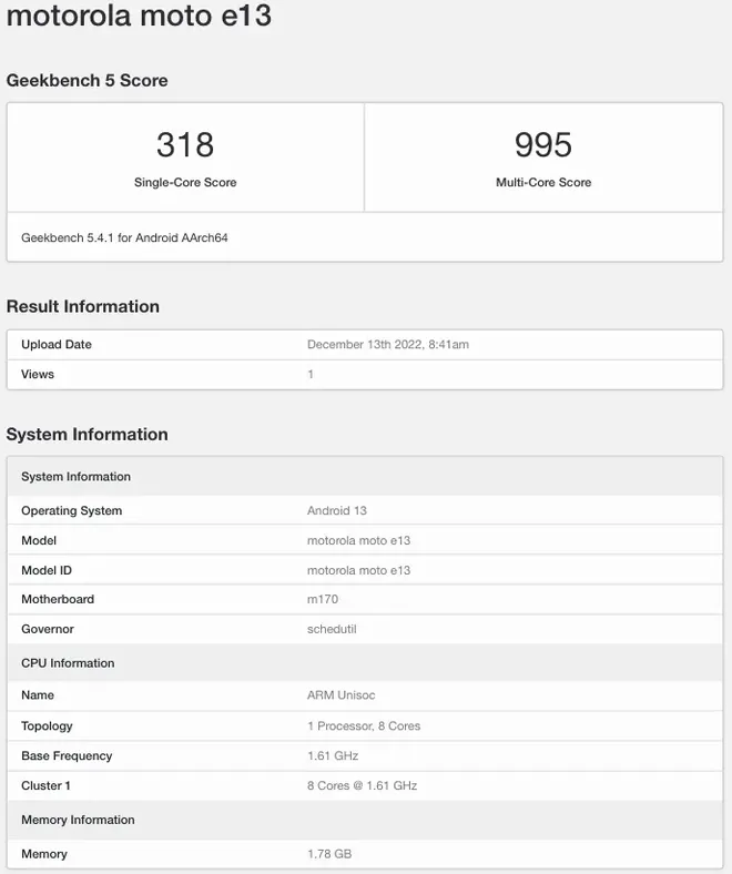 Moto E13 trará Unisoc T606, 2 GB de RAM e executará o Android 13 de fábrica (Imagem: Geekbench)