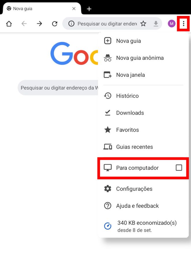 Abra o Google Chrome, toque nos "Três pontos" e selecione "Para computador"  (Captura de tela: Matheus Bigogno)