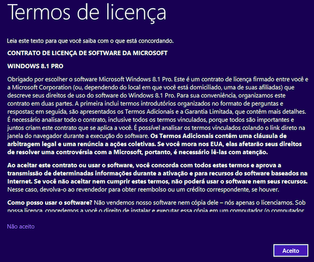 Aceite os termos de licença para continuar o processo de configuração do Windows 8.1