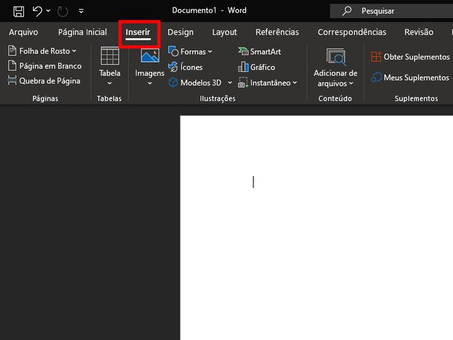 Abra o Microsoft Word e, no menu superior, clique no item "Inserir" (Captura de tela: Matheus Bigogno)
