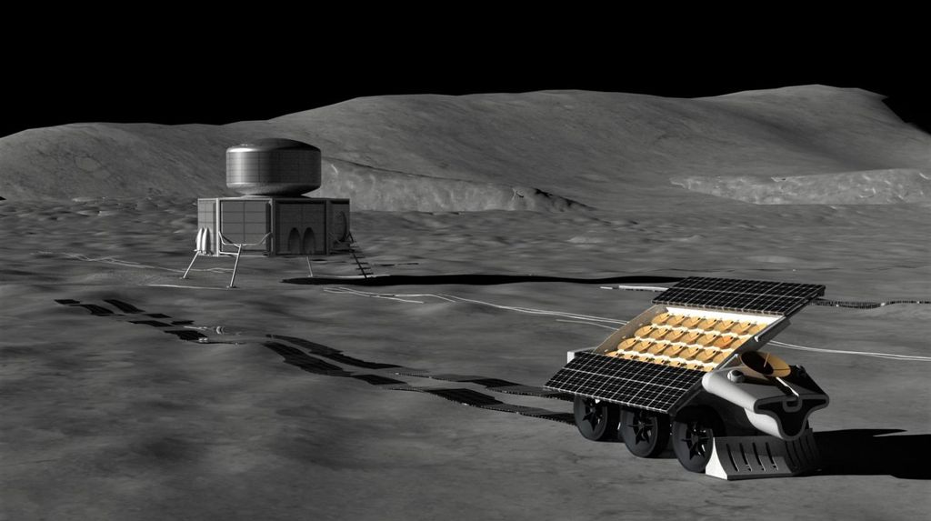 Concepção artísitca de um rover montando a grande antena do FarView do outro lado da Lua (Imagem: Reprodução/Lunar Resources)