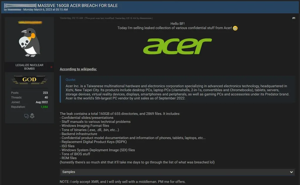 Acer tem vazamento com 160 GB de dados internos