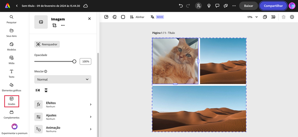 Adobe Express tem área para colocar fotos em grades (Imagem: Captura de tela/Guilherme Haas/Canaltech)
