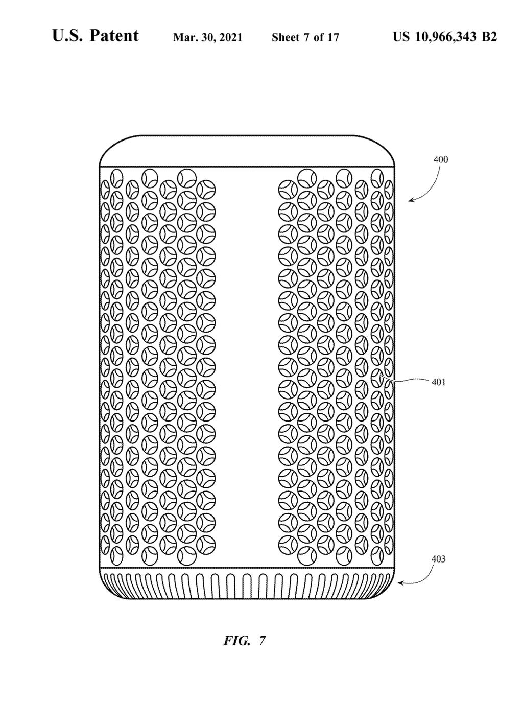 Uma das patentes também idealiza o antigo Mac Pro cilíndrico com as cavidades da versão mais recente do dispositivo (Imagem: Reprodução/9to5Mac)