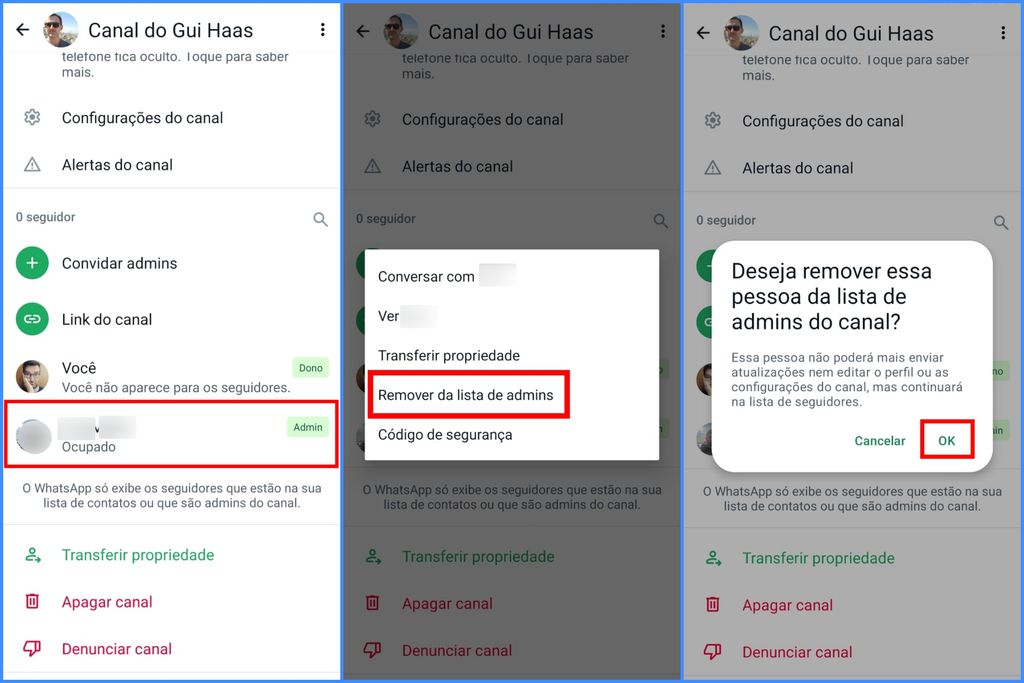 Como remover uma pessoa da lista de admins de um canal do WhatsApp (Imagem: Captura de tela/Guilherme Haas/Canaltech)