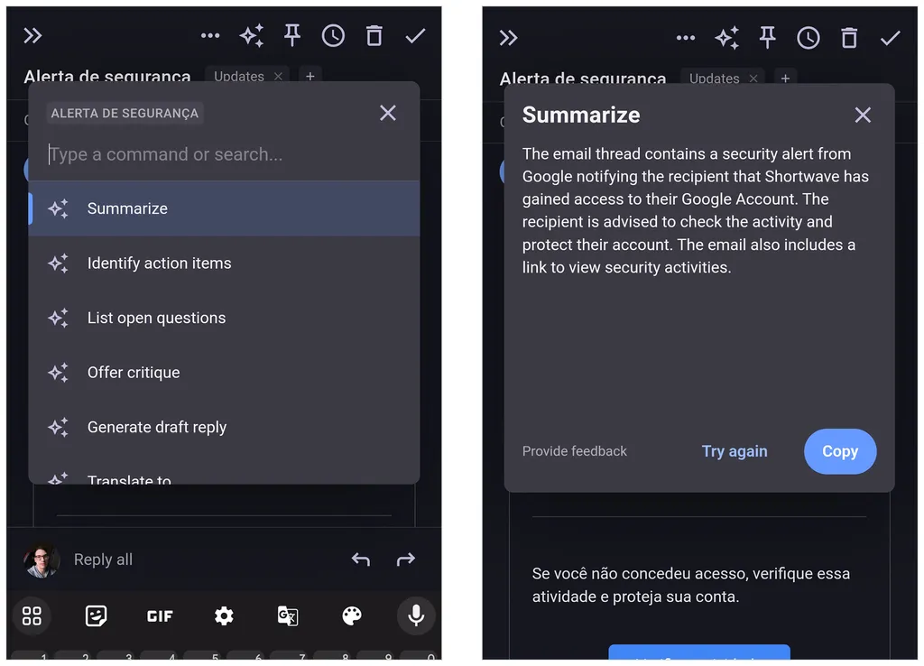 App do Shortwave para Android inclui comandos para usar a IA integrada ao ChatGPT (Imagem: Captura de tela/André Magalhães/Canaltech)
