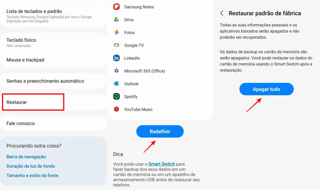 Você pode resetar um celular Samsung Galaxy acessando o recurso nas configurações do aparelho (Imagem: Captura de tela/Fabrício Calixto/Canaltech)