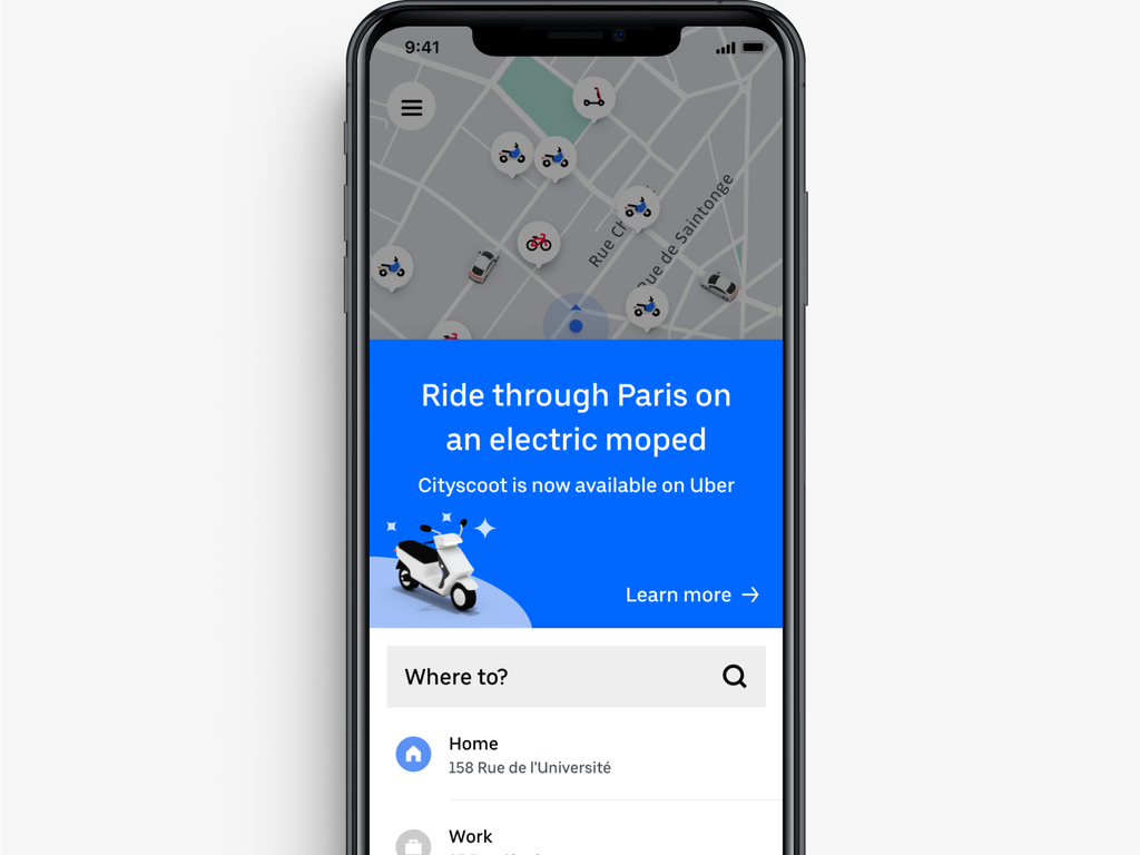Novidade da Uber: na França, empresa de caronas agora inclui bikes elétricas como opção de transporte (Imagem: Divulgação/Uber)