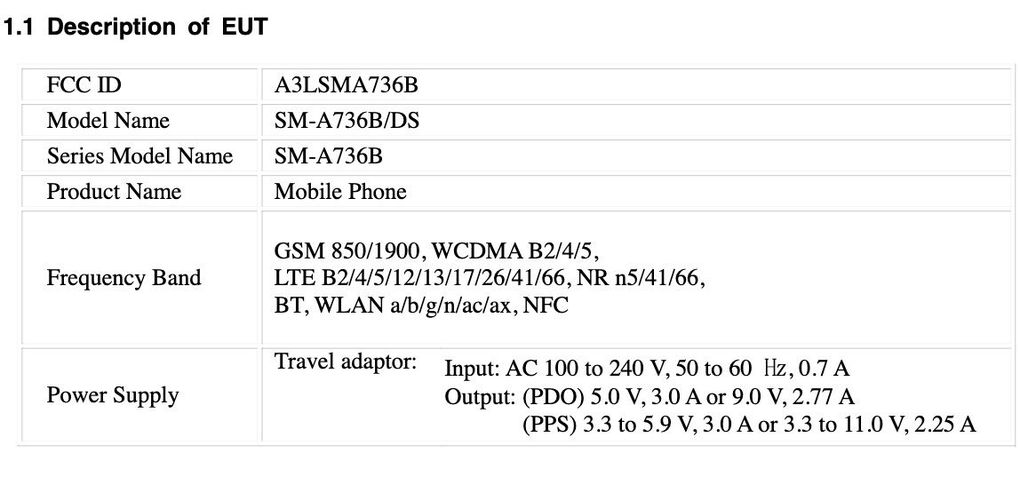 Samsung Galaxy A73 5G no FCC