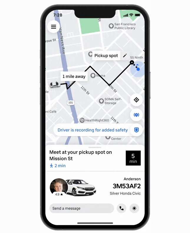 App vai avisar que o motorista está gravando a viagem (Imagem: Divulgação/Uber)