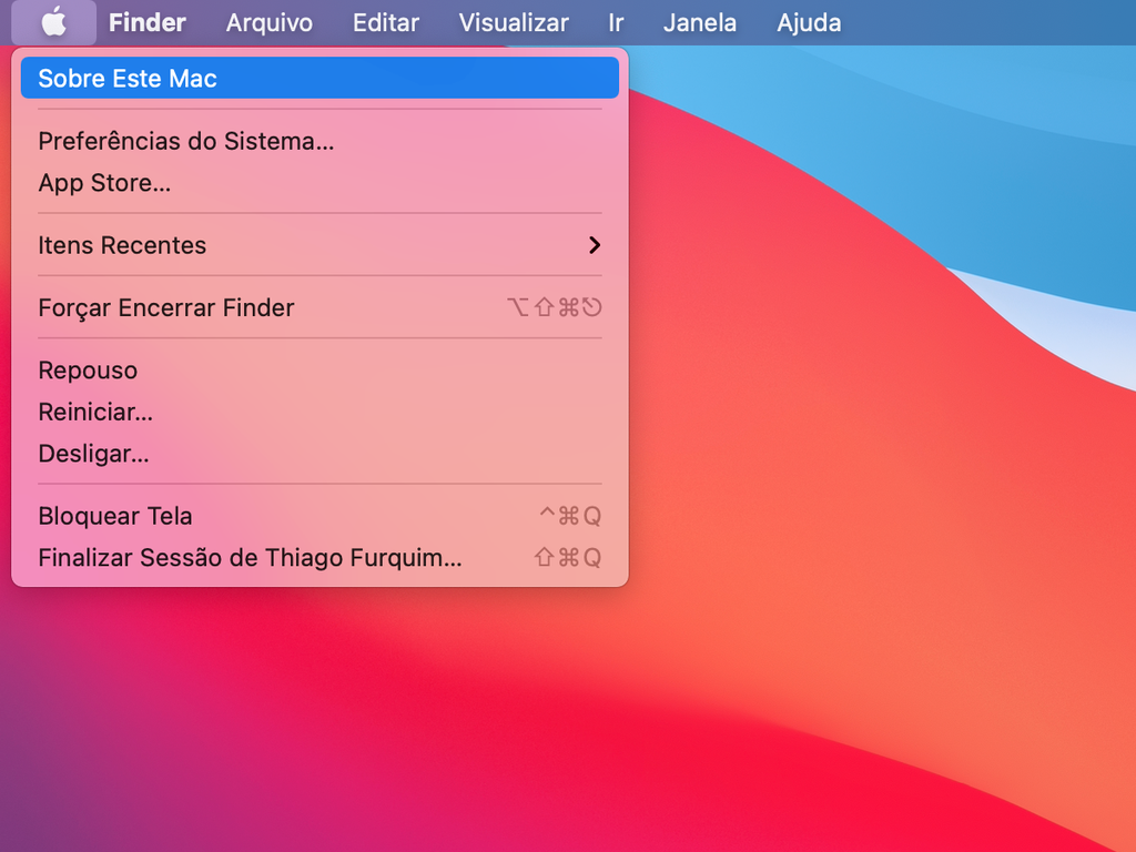 No menu da barra superior, clique no logo Apple e selecione "Sobre Este Mac" - Captura de tela: Thiago Furquim (Canaltech)