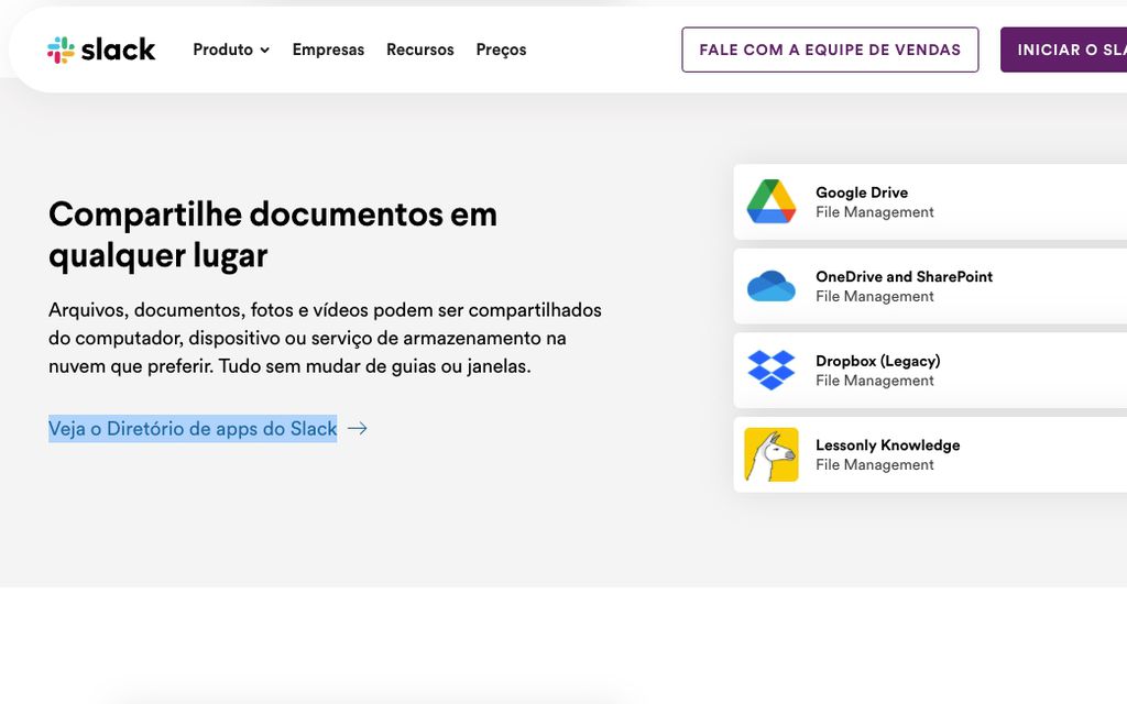 Compartilhamento de arquivos no Slack suporta OneDrive, Google Drive e outros serviços (Captura de tela: Caio Carvalho)