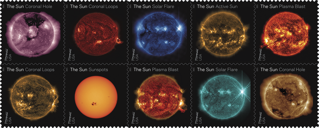 Detalhes dos selos com as imagens do Sol em diferentes comprimentos de onda (Imagem: Reprodução/NASA)