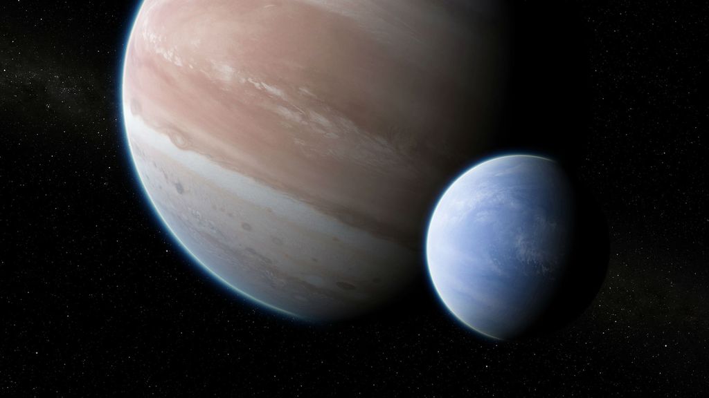 Arte sugere como deve ser o exoplaneta Kepler-1625b com sua possível exolua (Imagem: Dan Durda)