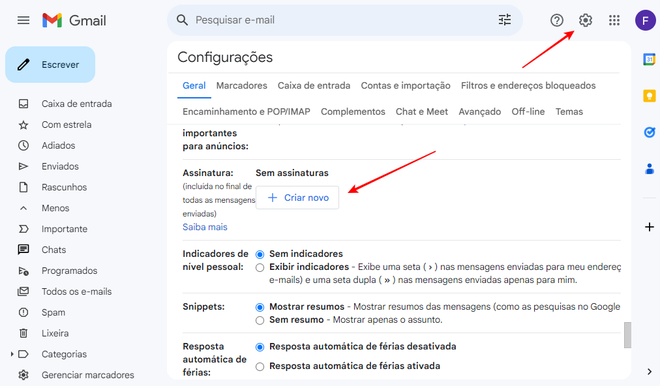 Para acessar a criação de assinaturas no Gmail, é preciso abrir as configurações do serviço (Imagem: Captura de tela/Fabrício Calixto/Canaltech)