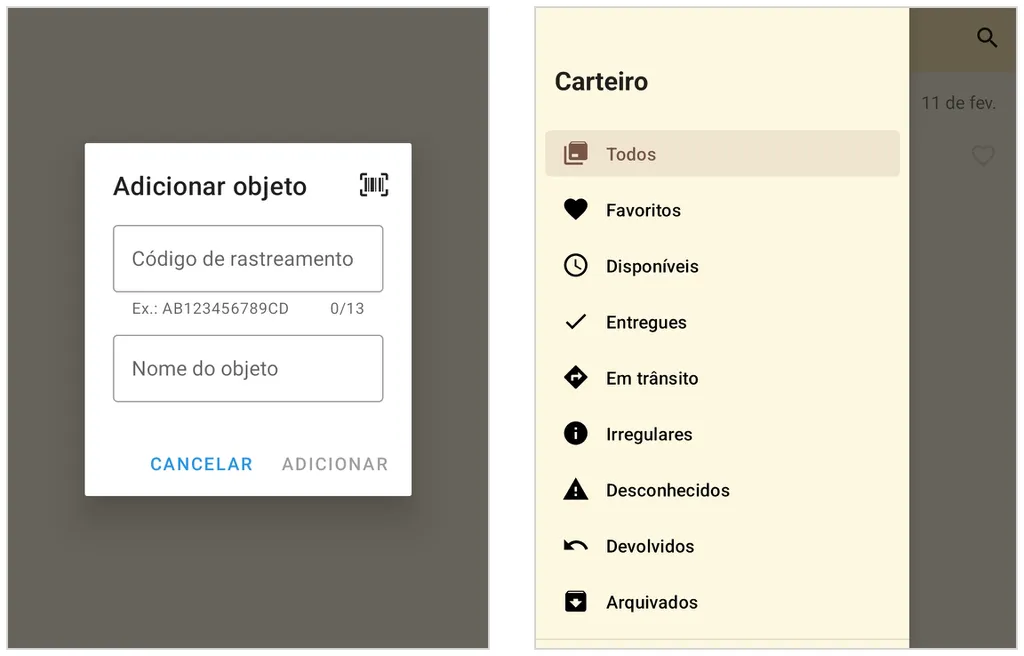 App Carteiro, para Android, tem várias categorias para listar encomendas (Captura de tela: Caio Carvalho)