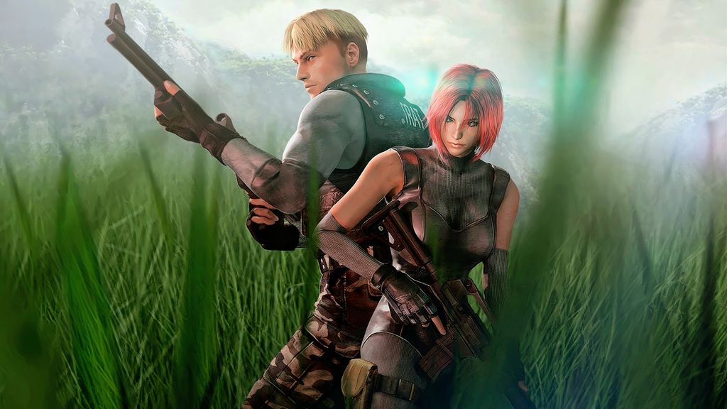 Arte promocional mostrando personagens armados em um cenário de vegetação, sugerindo o ambiente de tensão típico de Dino Crisis