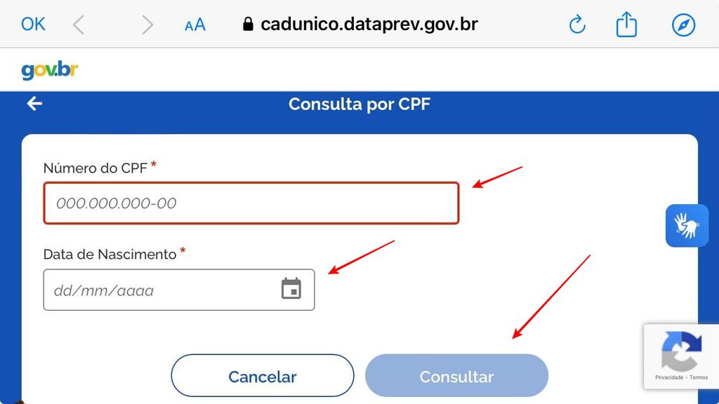 Você pode digitar o número do seu CPF no site do CadÚnico para verificar se tem acesso ao programa (Imagem: Captura de tela/Fabrício Calixto/Canaltech)