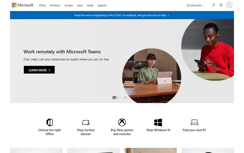 Em 2020, o visual do site da Microsoft passou a ser mais simplificado e com botões em destaque (Imagem: Reprodução/Web Design Museum)