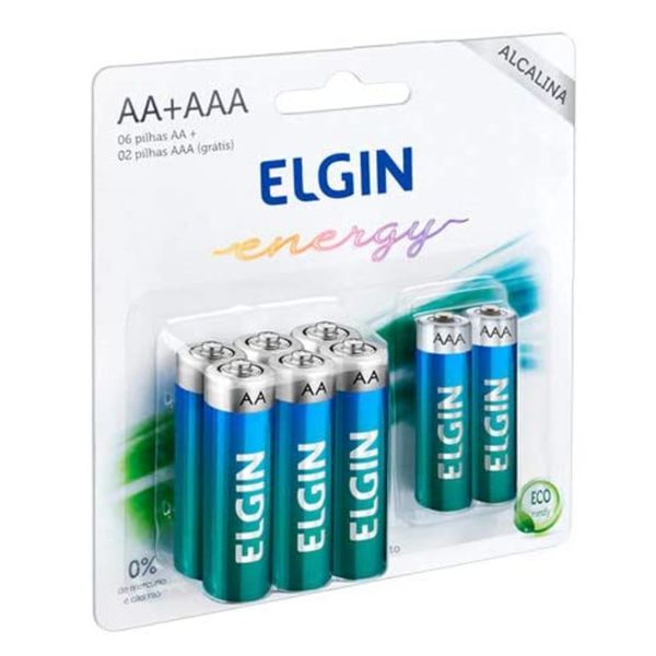Kit Econômico de Pilhas Alcalinas com 6X AA e 2X AAA, Elgin, Baterias