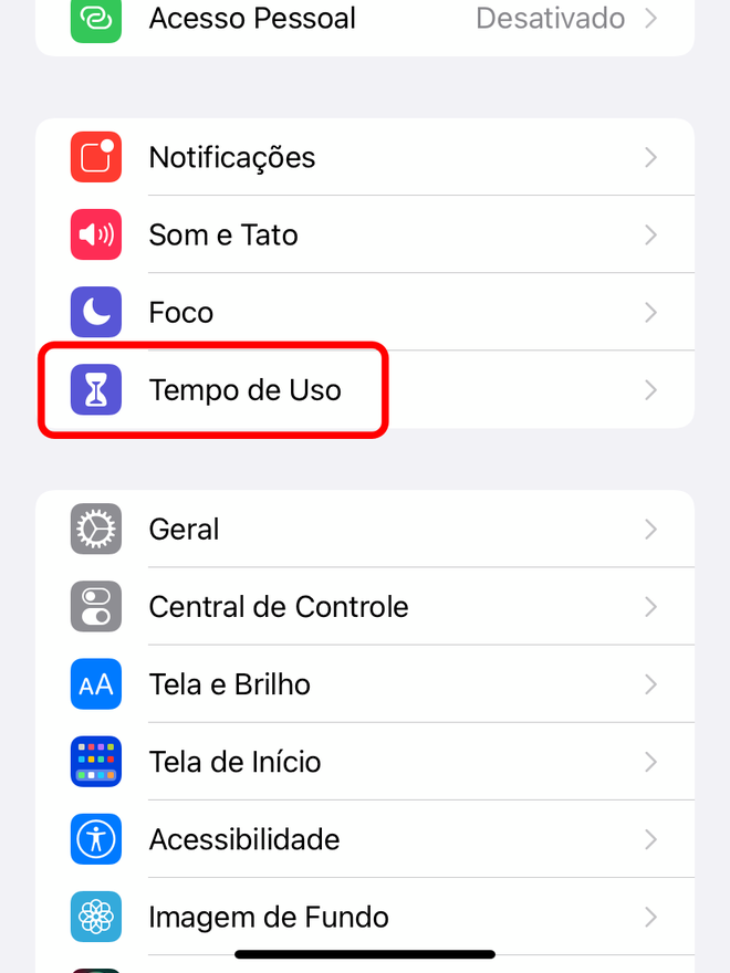 Acesse o menu "Tempo de Uso" no app Ajustes do iOS - Captura de tela: Thiago Furquim (Canaltech)