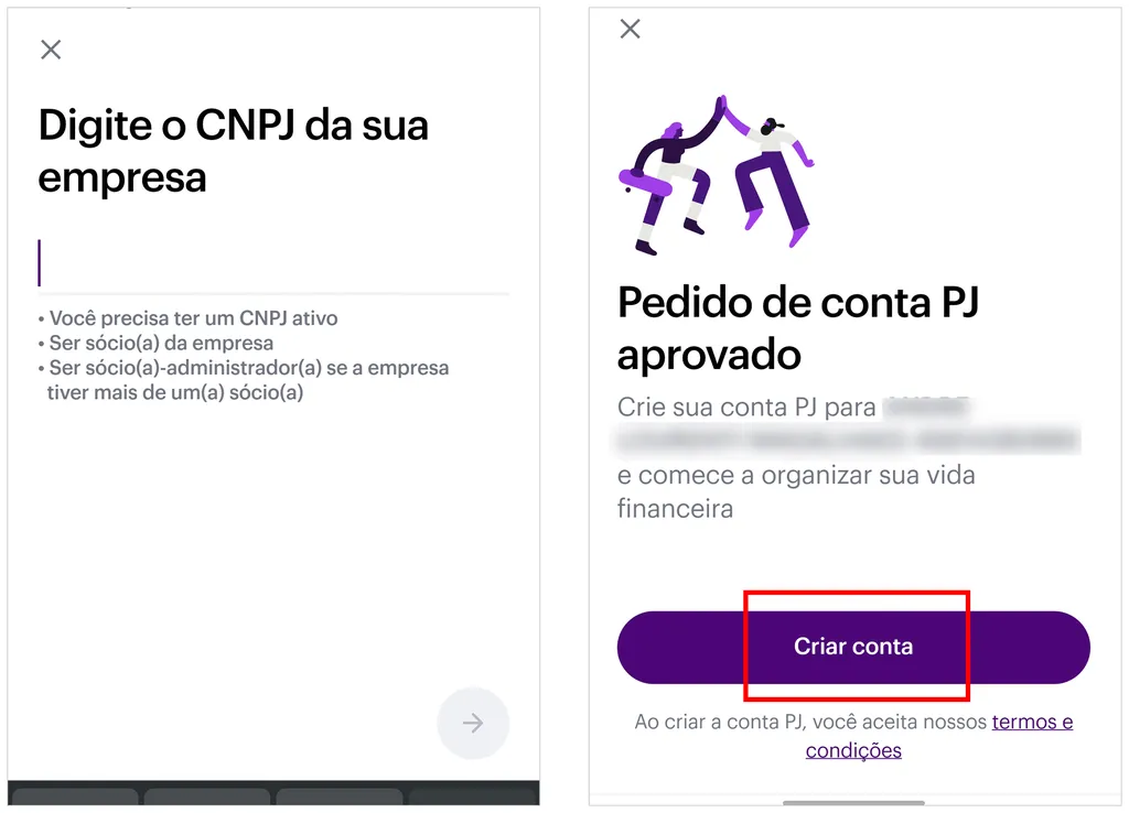 Insira o CNPJ e aguarde aprovação para abrir a conta(Captura de tela: André Magalhães)