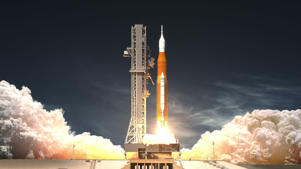 Conceito do SLS na plataforma de lançamento (Imagem: NASA)