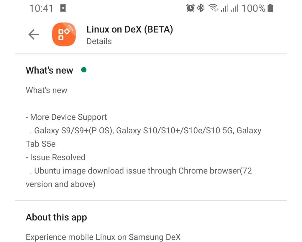 Atualização do aplicativo Linux on DeX que adiciona a linha Galaxy S10 e S9 como sendo compatíveis com o recurso (Imagem: Slash Gear)