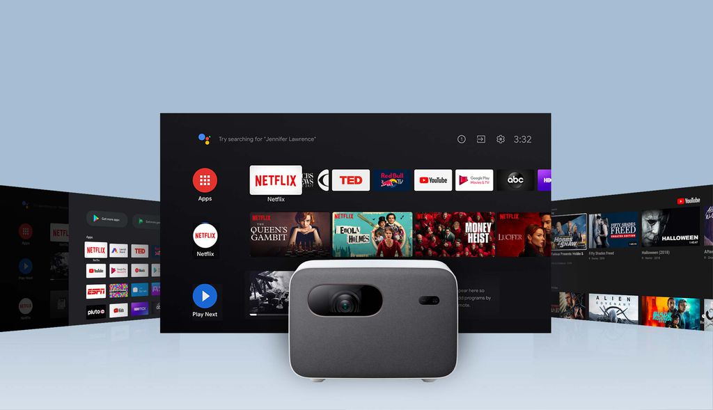 Projetor da Xiaomi roda Android TV e tem suporte a todos os apps disponíveis para o SO (Imagem: Divulgação/Xiaomi)