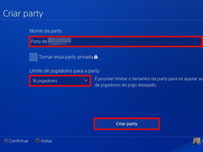 Dê um nome pra party, ajuste quantos jogadores ela pode ter e clique em "Criar party" (Captura de tela: Matheus Bigogno)