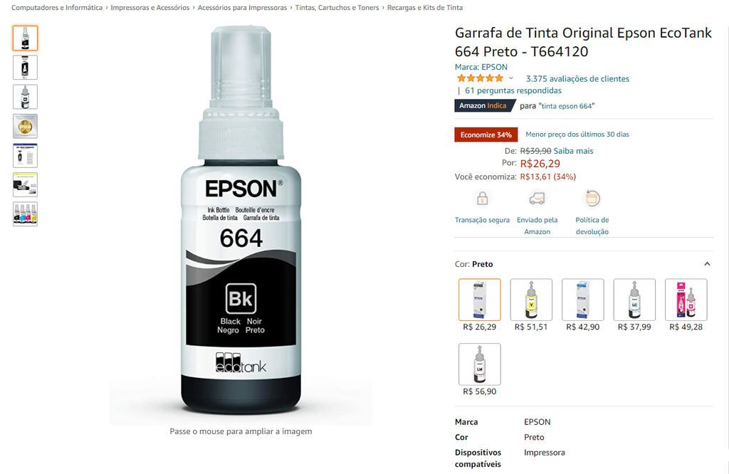 Garrafa De Tinta Original Epson Ecotank 664 Preto T664120 Canaltech Ofertas 3954