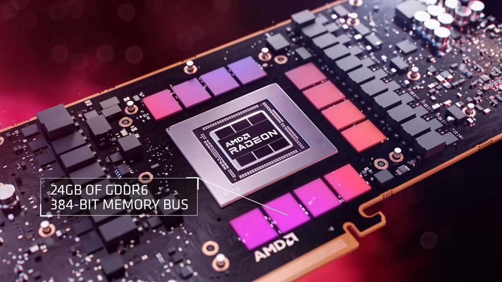 As peças de memória VRAM são inseridas no entorno do chip, para facilitar a comunicação(Imagem: Reprodução/AMD YouTube)