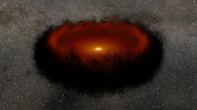Ilustração de um buraco negro coberto por nuvens de poeira (Imagem: ReproduçãoNASA/JPL-Caltech)