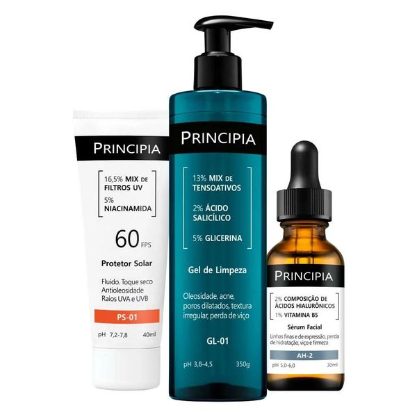 Kit Principia Trio: Gel de Limpeza GL-01, Sérum Facial AH-2 com Ácidos Hialurônicos e Protetor Solar PS-01 | CUPOM